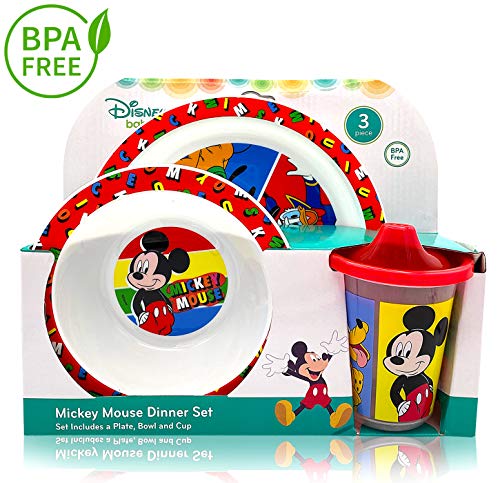 Disney Classic Mickey Baby Toddler Utensil Dinnerware Dish Feeding Set Gift Box including Break Resistant Bowl, Dish Plate, Tumbler Cups - Safe BPA free, Easy to Clean, Perfect Gifts for Kids