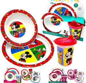 disney classic mickey baby toddler utensil dinnerware dish feeding set gift box including break resistant bowl, dish plate, tumbler cups - safe bpa free, easy to clean, perfect gifts for kids