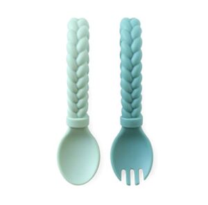 itzy ritzy silicone spoon & fork set; baby utensil set features a fork and spoon with looped, braided handles; made of 100% food grade silicone & bpa-free; ages 6 months and up, mint