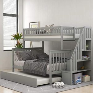 merax twin-over-full stairway bunk bed with shelves and ladder (grey, twin over full with trundle)
