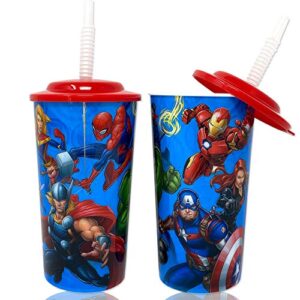 marvel superheroes avengers water tumblers with lid, reusable straw deluxe gift set for kids boys girls - safe approved bpa goodies home travel,16 ounces