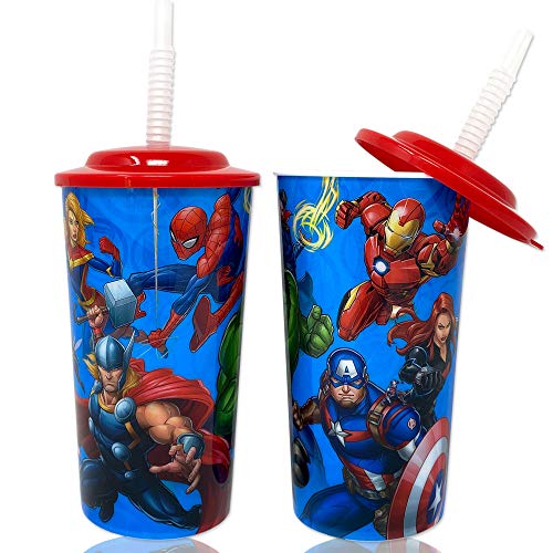 Marvel Superheroes Avengers Water Tumblers with Lid, Reusable Straw Deluxe Gift Set for Kids Boys Girls - Safe Approved BPA Goodies Home Travel,16 Ounces