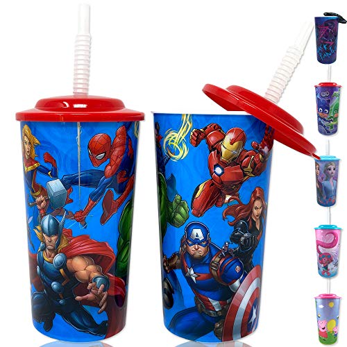 Marvel Superheroes Avengers Water Tumblers with Lid, Reusable Straw Deluxe Gift Set for Kids Boys Girls - Safe Approved BPA Goodies Home Travel,16 Ounces