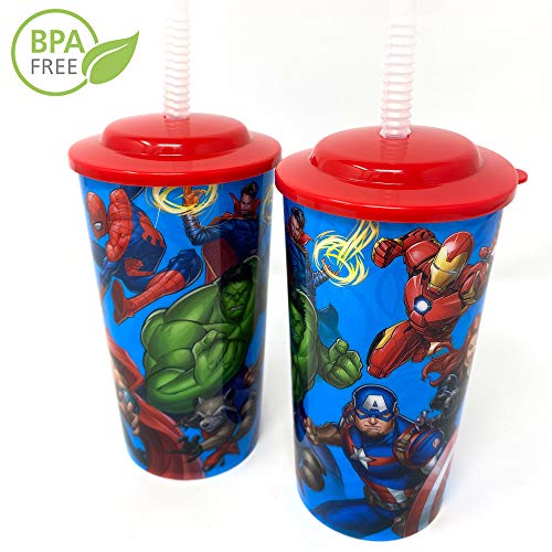 Marvel Superheroes Avengers Water Tumblers with Lid, Reusable Straw Deluxe Gift Set for Kids Boys Girls - Safe Approved BPA Goodies Home Travel,16 Ounces