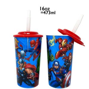 Marvel Superheroes Avengers Water Tumblers with Lid, Reusable Straw Deluxe Gift Set for Kids Boys Girls - Safe Approved BPA Goodies Home Travel,16 Ounces