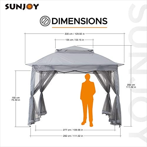 Sunjoy 11x11 ft. Pop-Up Instant Gazebo, Outdoor Portable Steel Frame 2-Tier Top Canopy/Tent with Netting and Carry Bag, Gray