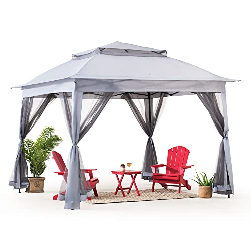 Sunjoy 11x11 ft. Pop-Up Instant Gazebo, Outdoor Portable Steel Frame 2-Tier Top Canopy/Tent with Netting and Carry Bag, Gray