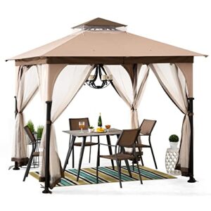 sunjoy 9.5 ft. x 9.5 ft. gazebo with 2-tier canopy roof, steel frame soft top gazebo with ceiling hook and mosquito netting, tan and brown