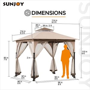 Sunjoy 9.5 ft. x 9.5 ft. Gazebo with 2-Tier Canopy Roof, Steel Frame Soft top Gazebo with Ceiling Hook and Mosquito Netting, Tan and Brown