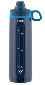 pogo active bpa-free tritan plastic leak-proof water bottle with soft straw, 32 oz, academy navy