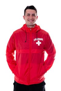 officially licensed lifeguard mens and womens unisex fit zipper-up windbreaker water resistant rain jacket with hood (m)