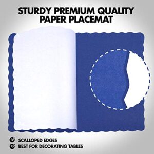 [1000 Pack] Disposable Paper Placemat - 14 x 10 Inch Plain Navy Blue Placemats with Decorative Wavy Scalloped Edge for Restaurant Catering Dining Table, Baby Kids Birthday Parties, and Valentines Day