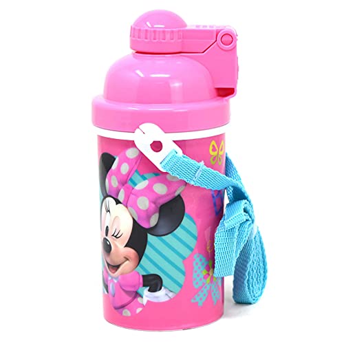 Zak Designs Disney Classic Minnie Carrying Strap One Touch Water Bottles with Reusable Built in Straw - Safe Approved BPA Free, Easy to Clean (Minnie Canteen 16.9oz)