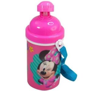 Zak Designs Disney Classic Minnie Carrying Strap One Touch Water Bottles with Reusable Built in Straw - Safe Approved BPA Free, Easy to Clean (Minnie Canteen 16.9oz)