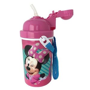 Zak Designs Disney Classic Minnie Carrying Strap One Touch Water Bottles with Reusable Built in Straw - Safe Approved BPA Free, Easy to Clean (Minnie Canteen 16.9oz)