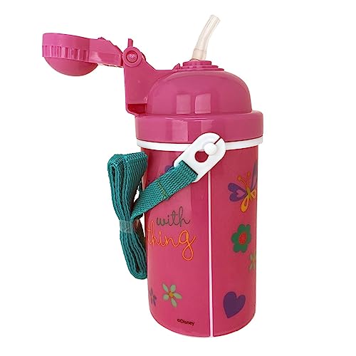 Zak Designs Disney Classic Minnie Carrying Strap One Touch Water Bottles with Reusable Built in Straw - Safe Approved BPA Free, Easy to Clean (Minnie Canteen 16.9oz)