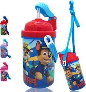 paw patrol friends carrying strap one touch water bottles with reusable built in straw - safe approved bpa free, easy to clean, perfect gifts for kids girls boys, goodies home by zak design