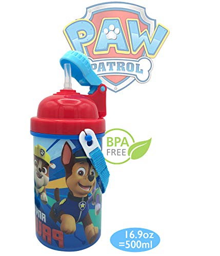 Paw Patrol Friends Carrying Strap One Touch Water Bottles with Reusable Built in Straw - Safe Approved BPA free, Easy to Clean, Perfect Gifts for Kids Girls Boys, Goodies Home by Zak design