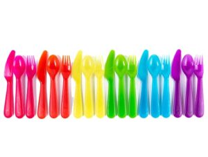 cuddly hippo kids plastic dinnerware set of 18 multi color flatware (spoons, forks and knives) - reusable, bpa-free, dishwasher safe and microwaveable