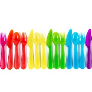 Cuddly Hippo Kids Plastic Dinnerware Set of 18 Multi Color Flatware (Spoons, Forks and Knives) - Reusable, BPA-Free, Dishwasher Safe and Microwaveable