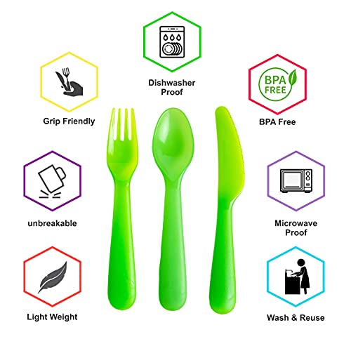 Cuddly Hippo Kids Plastic Dinnerware Set of 18 Multi Color Flatware (Spoons, Forks and Knives) - Reusable, BPA-Free, Dishwasher Safe and Microwaveable