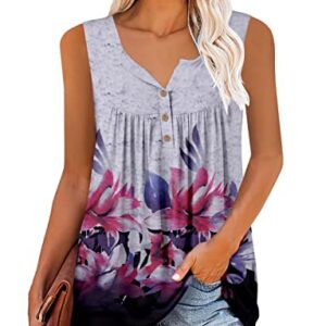 MODARANI Gray Sleeveless Tops for Women Floral Pleated Tunic Flowy Cami Shirt L