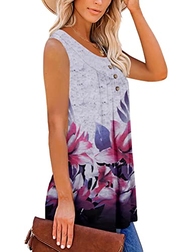 MODARANI Gray Sleeveless Tops for Women Floral Pleated Tunic Flowy Cami Shirt L