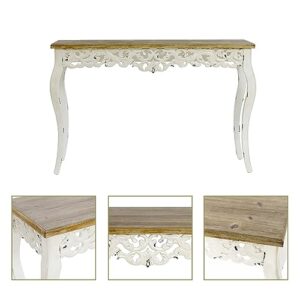LuxenHome 46" Wood Decorative Console Table, Vintage French Country Entry Table, Farmhouse Antique Sofa Table with Wood Carvings, Woodgrain/Off-White
