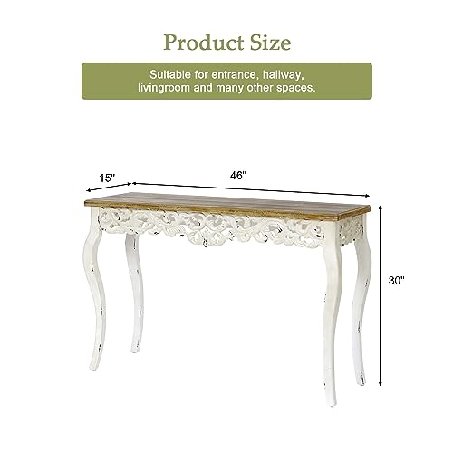 LuxenHome 46" Wood Decorative Console Table, Vintage French Country Entry Table, Farmhouse Antique Sofa Table with Wood Carvings, Woodgrain/Off-White