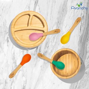 Avanchy Baby Toddler Feeding Suction Plate + Soft Tip Spoon Babies Set | Divided Bamboo Stay Put Plates | BPA Free | Fits Most Highchairs | 7” × 2” - Pink