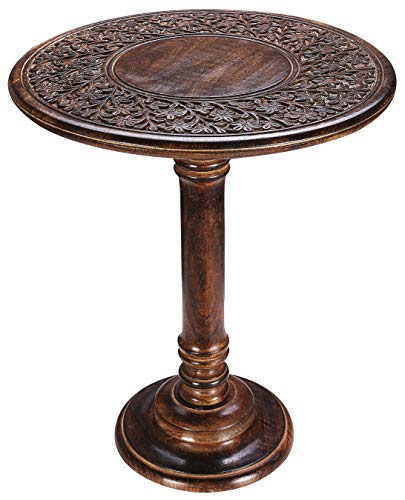 Coffee Table Wooden with Single Pillar, Wooden End Table, Small Table, Night Stand, Desk Side Table, Bedside Table, Entry Table, Living Room Side Table for Magazines, Books & Plants-18x22 Inch Burnt