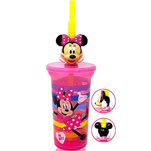 Disney Minnie Mouse Water Tumbler with 3D Character Head Straw Drinkware - Safe BPA free Bottles, Easy to Clean, Perfect Gifts for Kids Boys Girls Toddlers for Home Travel Goodies