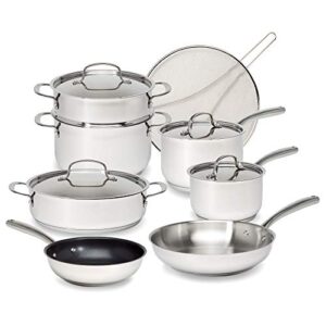 goodful 12-piece classic stainless steel cookware set with tri-ply base for even heating, durable, impact bonded pots and pans, dishwasher safe includes non stick frying pan, chrome