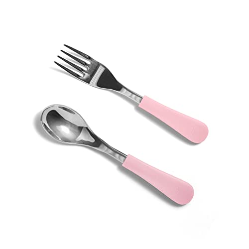 Avanchy® Baby Fork Set, Stainless Steel and Silicone Spork Utensils, Toddler Baby Led Weaning Silverware Cutlery Flatware, Kids First Self Feeding 2 Pack, Pink Spoon, Fork