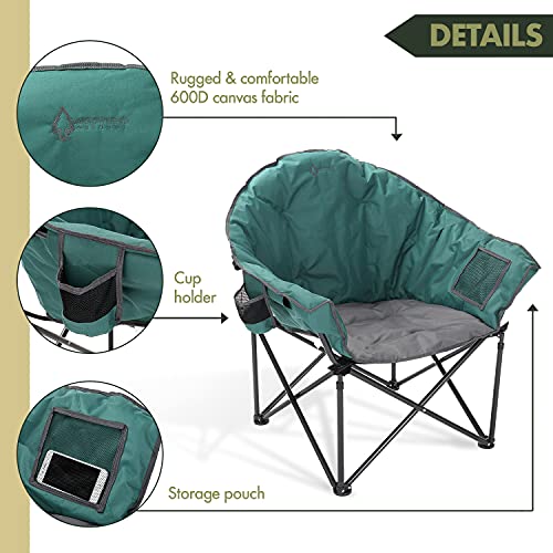 ARROWHEAD OUTDOOR Oversized Heavy-Duty Club Folding Camping Chair w/External Pocket, Cup Holder, Portable, Padded, Moon, Round, Saucer, Supports 330lbs, Carrying Bag, USA-Based Support