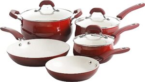 oster corbett forged aluminum cookware set with ceramic non-stick-induction base-soft touch bakelite handle and tempered glass lids, 8-piece, gradient red