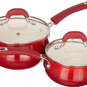 Oster Corbett Forged Aluminum Cookware Set with Ceramic Non-Stick-Induction Base-Soft Touch Bakelite Handle and Tempered Glass Lids, 8-Piece, Gradient Red