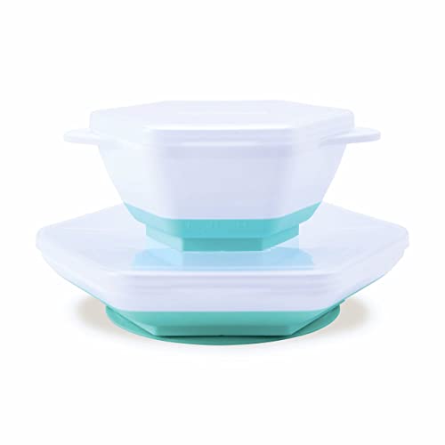 Tiny Twinkle Grow with Me Feeding Set - Baby Plates and Bowls Set with Interchangeable Suction Base & Clear Lid, Baby Led Weaning Supplies for 6 Months Onwards, Easy Clean Toddler Feeding Set (Mint)