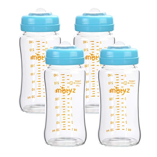 Matyz Glass Breastmilk Storage Bottles, 4 Pack, 8 oz, Sturdy Glass Bottle for Milk Freezing and Baby Feeding - Large Pumping Bottle for Philips Medela Spectra Breast Pumps - BPA Free (Blue Lids)