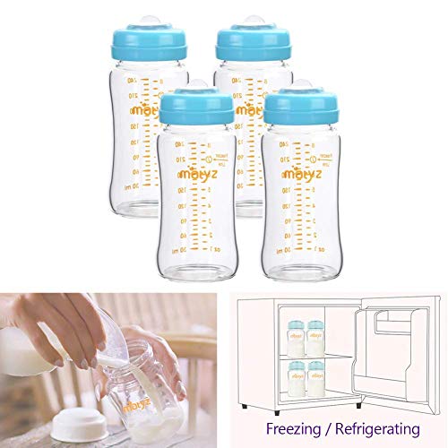 Matyz Glass Breastmilk Storage Bottles, 4 Pack, 8 oz, Sturdy Glass Bottle for Milk Freezing and Baby Feeding - Large Pumping Bottle for Philips Medela Spectra Breast Pumps - BPA Free (Blue Lids)