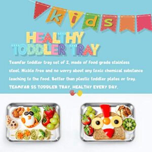 TeamFar Kids Plates, 7.3"×5.3"×0.8", Stainless Steel Plates for Kids Metal Toddler Plate Tray Set for Lunch Dinner Camping, Healthy & Non Toxic, Dishwasher Safe & Oven Safe, Stackable - 2 Pieces