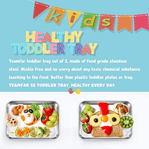 TeamFar Kids Plates, 7.3"×5.3"×0.8", Stainless Steel Plates for Kids Metal Toddler Plate Tray Set for Lunch Dinner Camping, Healthy & Non Toxic, Dishwasher Safe & Oven Safe, Stackable - 2 Pieces