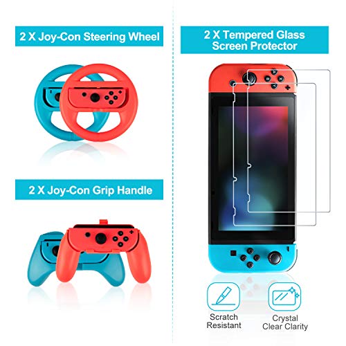 Keten NS Switch Accessories Kit, Including Carry Case, Charging Dock, Playstand, Extension Cable, Game Card Case, Screen Protector, J-Con Grips, Wheels, Crystal Case, TPU Case, Caps
