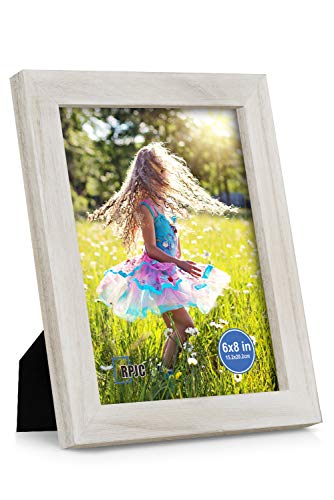 RPJC 6x8 inch Picture Frame Made of Solid Wood and High Definition Glass Display Pictures for Table Top Display and Wall Mounting Photo Frame with Stand Rustic White