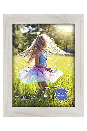 RPJC 6x8 inch Picture Frame Made of Solid Wood and High Definition Glass Display Pictures for Table Top Display and Wall Mounting Photo Frame with Stand Rustic White