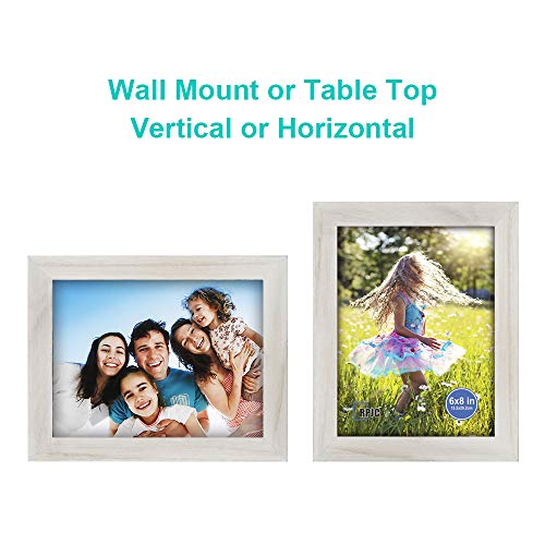 RPJC 6x8 inch Picture Frame Made of Solid Wood and High Definition Glass Display Pictures for Table Top Display and Wall Mounting Photo Frame with Stand Rustic White