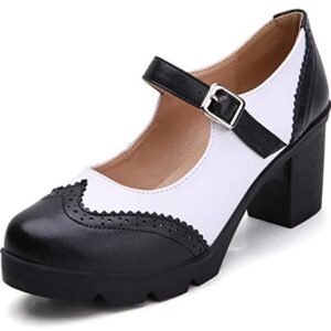 DADAWEN Women's Chunky Low Block Heels Mary Jane Closed Toe Work Pumps Comfortable Round Toe Oxfords Dress Wedding Shoes Black/White US Size 8.5