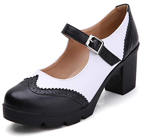 DADAWEN Women's Chunky Low Block Heels Mary Jane Closed Toe Work Pumps Comfortable Round Toe Oxfords Dress Wedding Shoes Black/White US Size 8.5