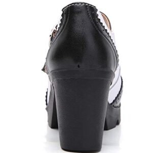 DADAWEN Women's Chunky Low Block Heels Mary Jane Closed Toe Work Pumps Comfortable Round Toe Oxfords Dress Wedding Shoes Black/White US Size 8.5