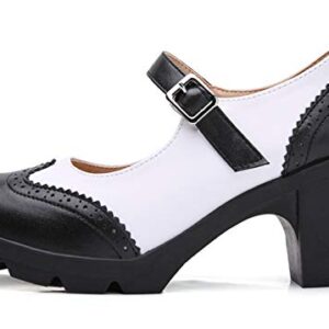 DADAWEN Women's Chunky Low Block Heels Mary Jane Closed Toe Work Pumps Comfortable Round Toe Oxfords Dress Wedding Shoes Black/White US Size 8.5